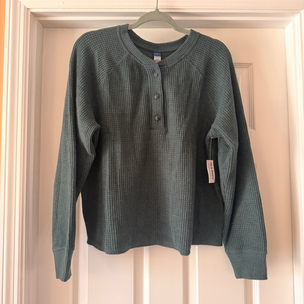 Old Navy Dark Green Waffle Knit Button Up Henley